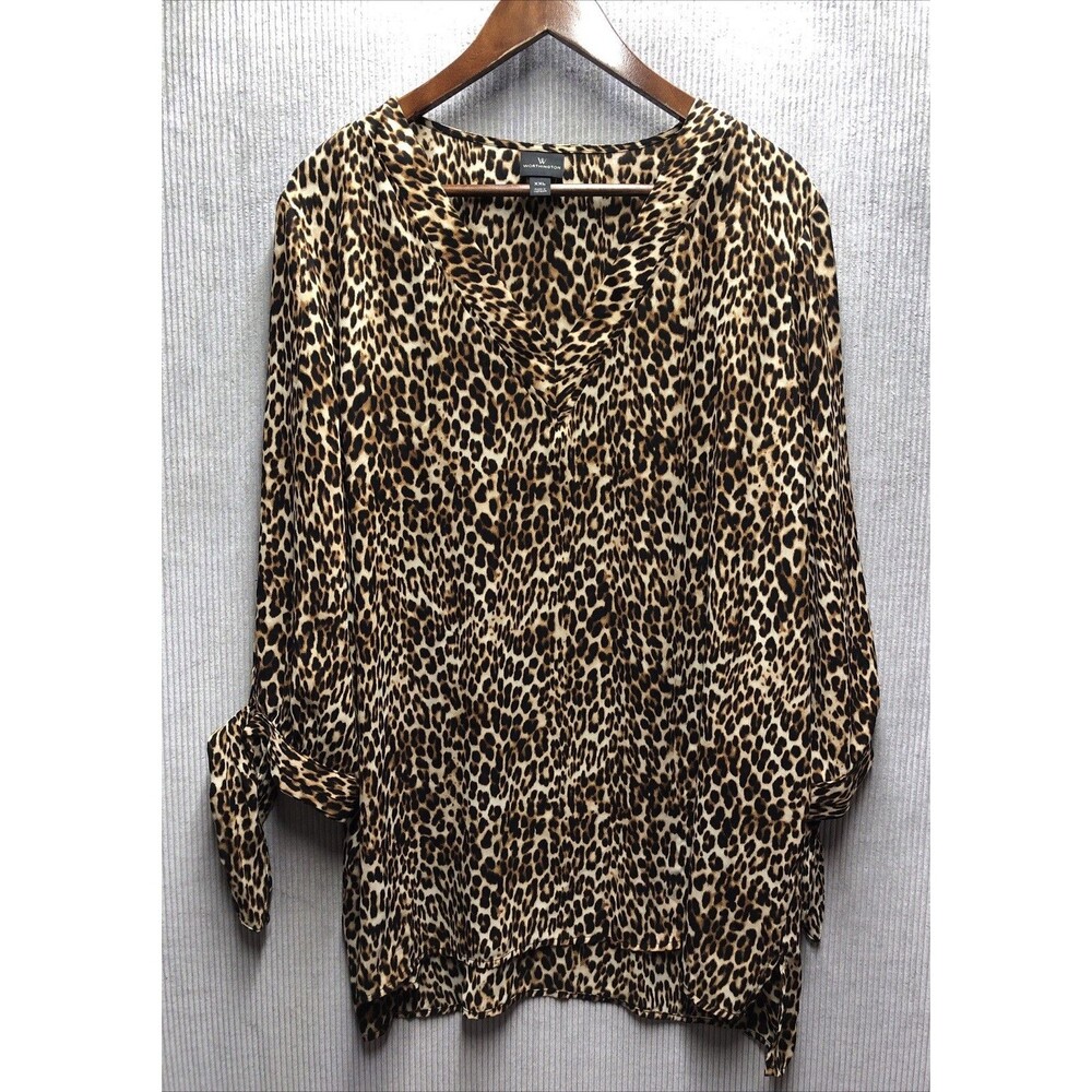 Worthington Womens Blouse XXL Leopard Print V Neck 3/4 Tie Sleeve Cuff Career
